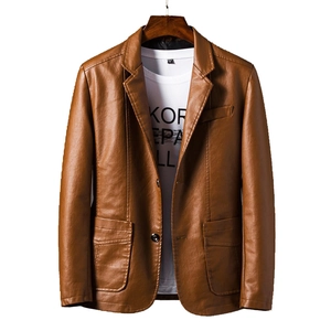 Classic brown PU leather suit jacket for men featuring notched lapels and two-button closure