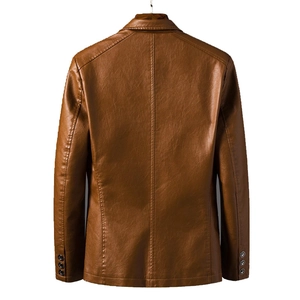 Classic brown leather blazer for men with polished finish and back seam detail