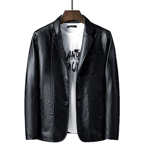 Classic black PU leather suit jacket for men with notch lapels and two-button closure