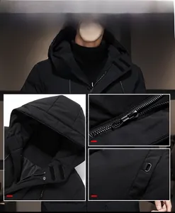 Dettagli del parka invernale con cappuccio che mostrano cerniera liscia e tasche laterali
