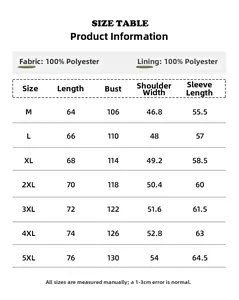 Tableau des tailles détaillé pour veste décontractée homme avec mesures du M au 5XL