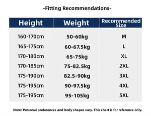Tableau de recommandations de tailles pour veste décontractée homme de la taille M à 5XL