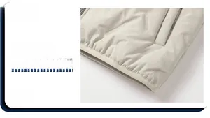 Détail de l'ourlet de veste beige matelassé avec bord élastique et fermeture éclair