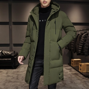 Cappotto lungo invernale da uomo con cappuccio verde scuro, giacca imbottita calda e ampia