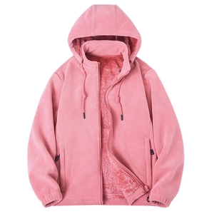 Giacca con cappuccio in pile rosa per l'inverno con fodera spessa e tasche con zip