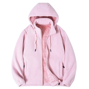 Giacca in pile rosa da donna con calda fodera in peluche, cappuccio e tasche con zip