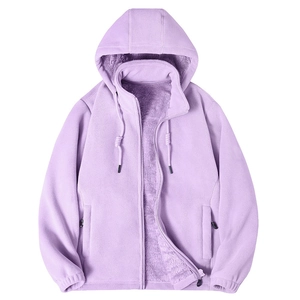 Giacca in pile spessa con cappuccio lavanda da donna con zip intera e coulisse