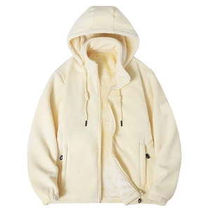 Giacca unisex in pile crema con cappuccio, fodera spessa e tasche con cerniera per l'inverno