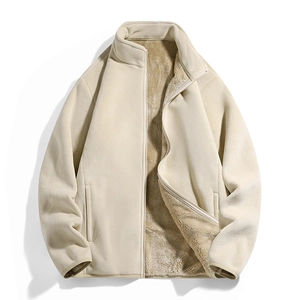 Winterjacke aus beigem Polarfleece mit dickem Thermofutter und minimalistischem Stehkragen