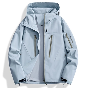 Men's light blue hooded outdoor jacket with exploration print and waterproof design