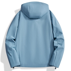 Detail of light blue waterproof jacket back featuring adjustable hem drawstrings