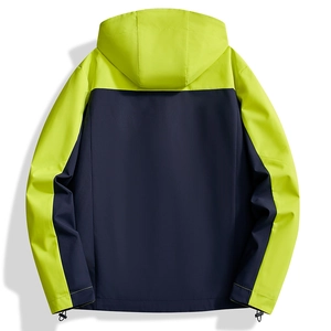 Back view of neon green and navy outdoor hiking jacket with functional drawstring detail
