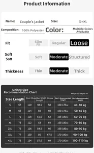 Detailed size chart for outdoor waterproof mountain jacket with polyester fabric specs