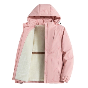 Rosa wasserdichte winddichte Damenjacke mit Kapuze und verdicktem warmem Fleece-Futter