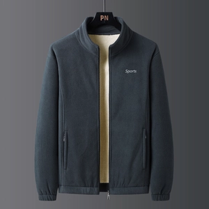 Men's thermal fleece jacket with warm lamb wool lining and high neck zip in dark grey