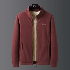 Men's burgundy fleece jacket with sherpa lining, standing collar and sports embroidery