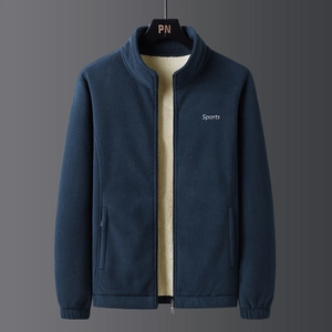 Navy blue stand collar fleece jacket for men with warm sherpa lining and Sports print
