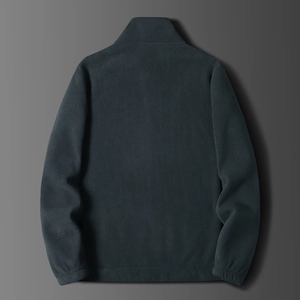 Flat lay of men's thermal fleece jacket back view with stand collar and elastic cuffs