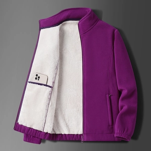 Detail showing inner pocket capacity and thick fleece lining of purple men jacket