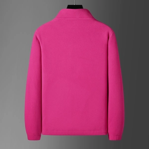 Rear view of rose red fleece jacket with stand collar and textured thermal material