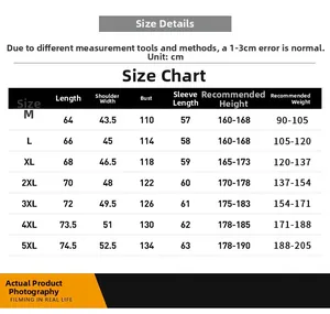 Detailed size chart for men's fleece jacket showing measurements from size M to 5XL