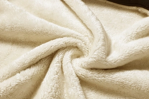 Macro detail of soft off-white sherpa fleece fabric showing thick insulating texture