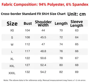 Detailed size chart for men's regular fit long sleeve shirt showing XS to 3XL dimensions