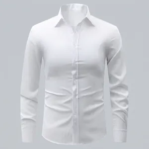 Slim fit white men's long-sleeve business casual shirt with button-down collar