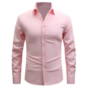 Detail view of pink long-sleeved dress shirt showing collar and button-down front structure