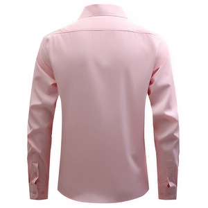 Rear view of a slim-fit pink long-sleeved dress shirt with button cuffs for men
