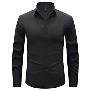 Detail view of the classic black slim fit business shirt showing the collar and size label