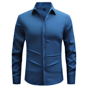 Men's slim fit long sleeve business casual shirt in deep blue with a classic collar