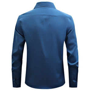 Rear view of deep blue long-sleeved dress shirt showing back yoke and neat stitching