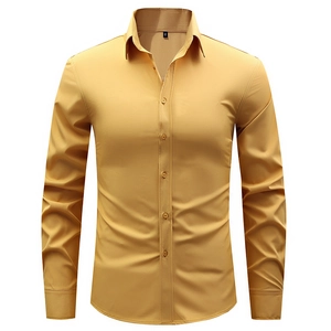 Detail of slim fit mustard yellow men's business shirt with tonal buttons and M label