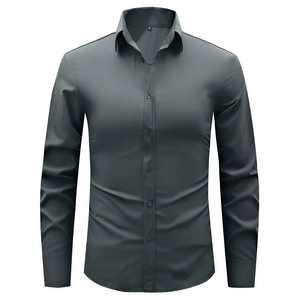 Detailed view of deep charcoal grey slim fit business shirt with classic pointed collar