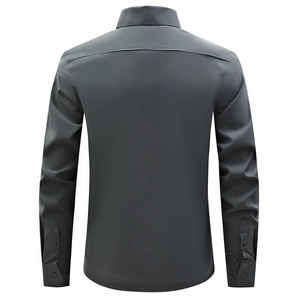 Detailed back view of charcoal grey long sleeve shirt showing yoke seams and cuffs