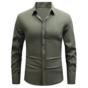 Slim fit men's long sleeve button-up shirt in deep olive green with a pointed collar