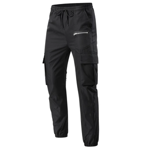 Men's black tactical joggers with cargo pockets and elastic drawstring waist
