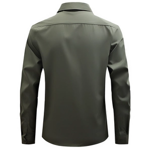 Rear view of army green long sleeve business casual shirt with buttoned cuffs
