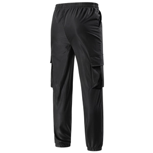 Men's black waterproof cargo joggers with elastic waist and tactical pocket design