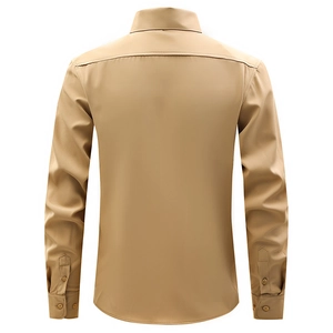 Rear view of khaki slim fit shirt showing detailed yoke structure and adjustable cuffs