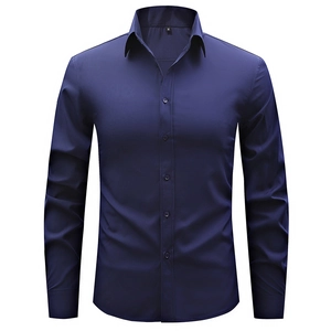 Men's dark blue long sleeve business casual shirt in slim fit stretch fabric