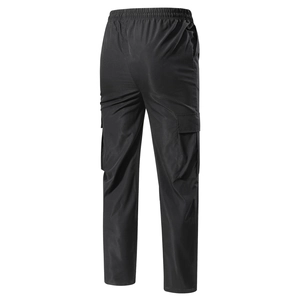 Men's black cargo sports pants with elastic waist and side pockets, back view
