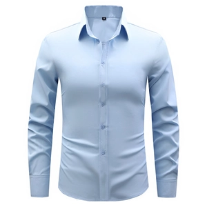 Detail view of men's light blue dress shirt showing the collar and size M label