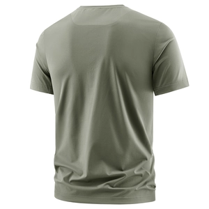 Detail view of breathable mesh stitching on the back of olive green athletic T-shirt