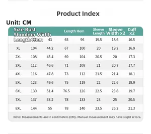 Detailed size chart for breathable sports t-shirt with measurements from L to 8XL