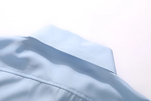 Detailed close-up of light blue shirt collar showing fine fabric texture and neat stitching