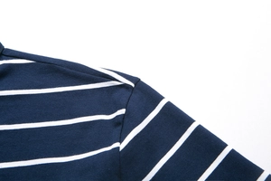 Dettaglio della maglia ad alta densità e cuciture sulle spalle della polo blu a righe