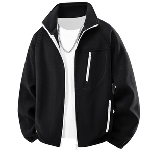 Men's black fleece jacket with white contrast zippers and mock neck for winter warmth