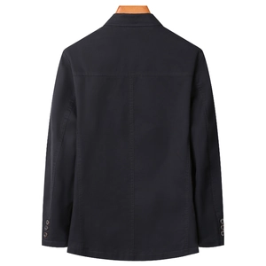 Men's black casual cotton blazer jacket with back seam and cuff buttons on white background